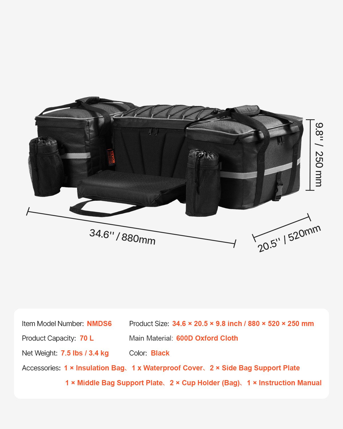 VEVOR 54 L ATV aizmugures kravas soma ar 16 L termo somu un ūdensnecaurlaidīgu pārsegu