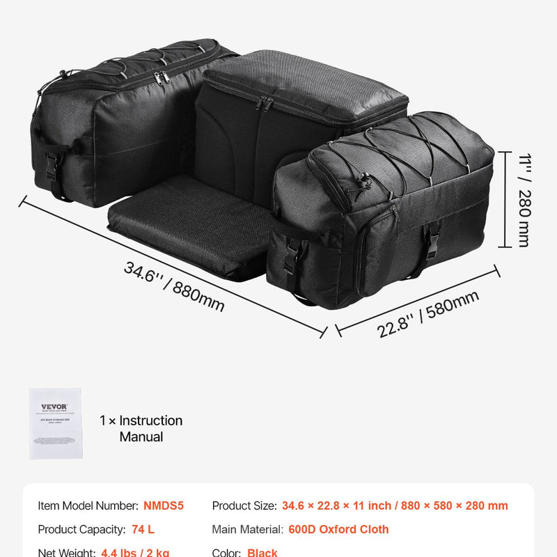 VEVOR 74 L ATV aizmugures soma no 600D oksforda auduma ar sūkļa polsterējumu