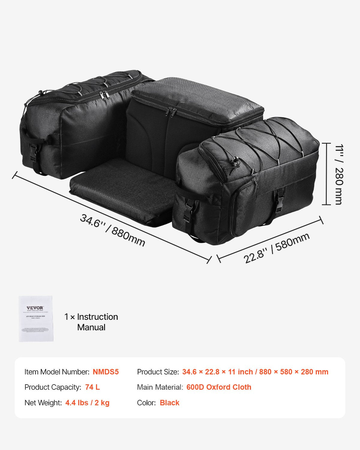 VEVOR 74 L ATV aizmugures soma no 600D oksforda auduma ar sūkļa polsterējumu