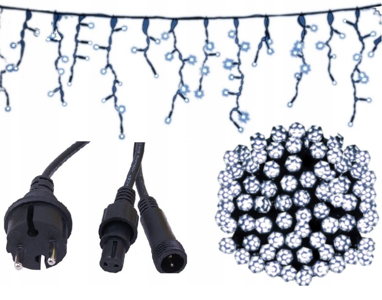 Ziemassvētku LED lāsteku virtene ar 300 lampiņām un zaļu BIEZU kabeli, auksti balta gaisma, zibspuldzes efekts, 12m, IP44