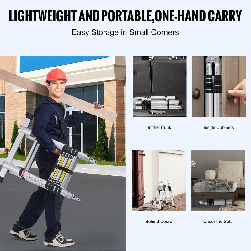 Teleskopiskās izbīdāmās kāpnes, 3,8 m, A-veida ar stabilizējošo stieni, piemērotas kemperiem, 170 kg slodze