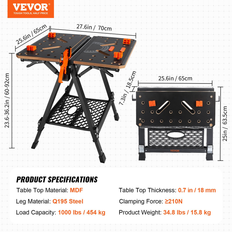 VEVOR folding workbench 2-1, as saw and workbench, 450 kg load capacity, 7 adjustable heights, steel legs, portable, with wooden clamp, 4 work fixings and 2 hooks, easy to store in the garage