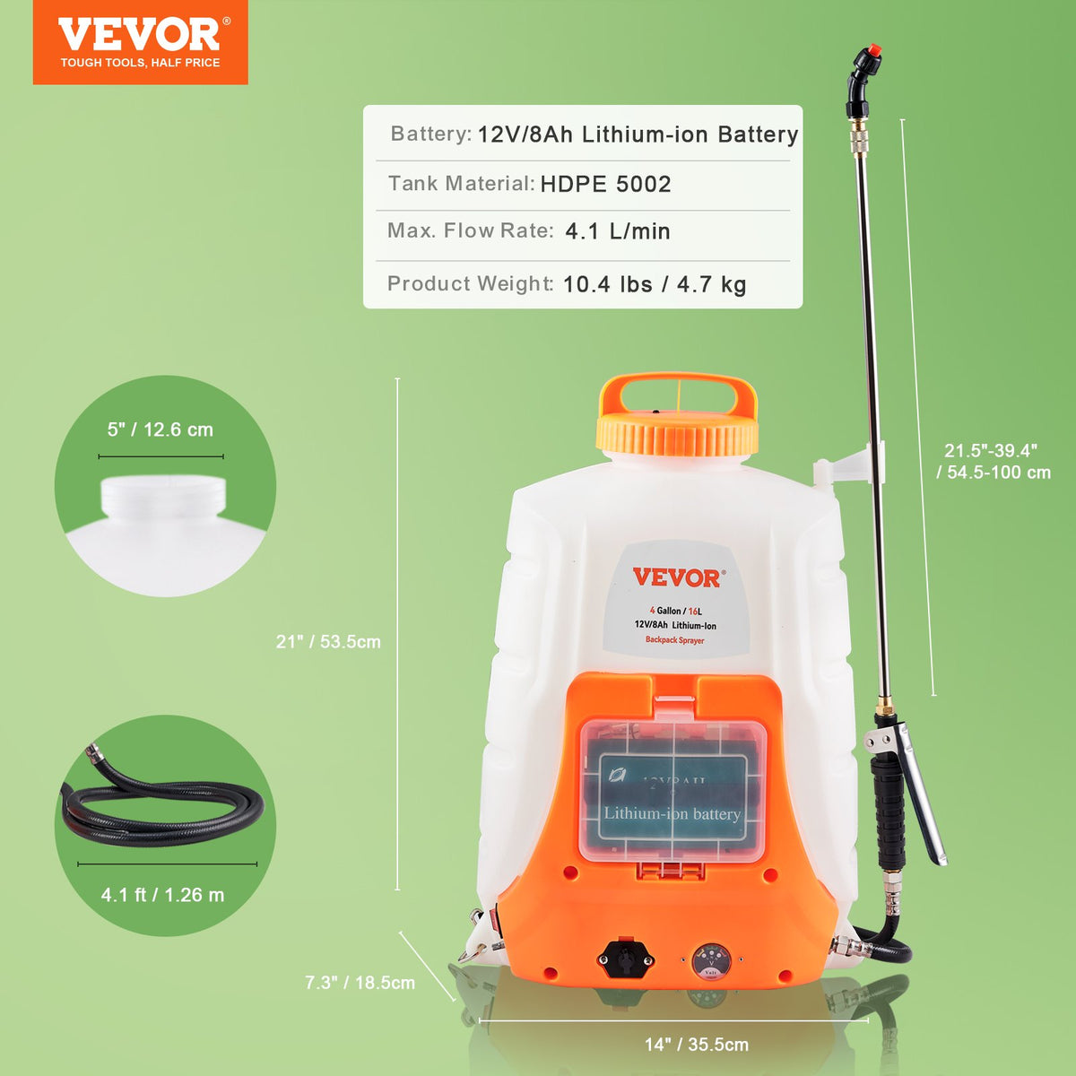 VEVOR ar akumulatoru darbināms 15 L izsmidzinātājs, 0-90 PSI, regulējams spiediens