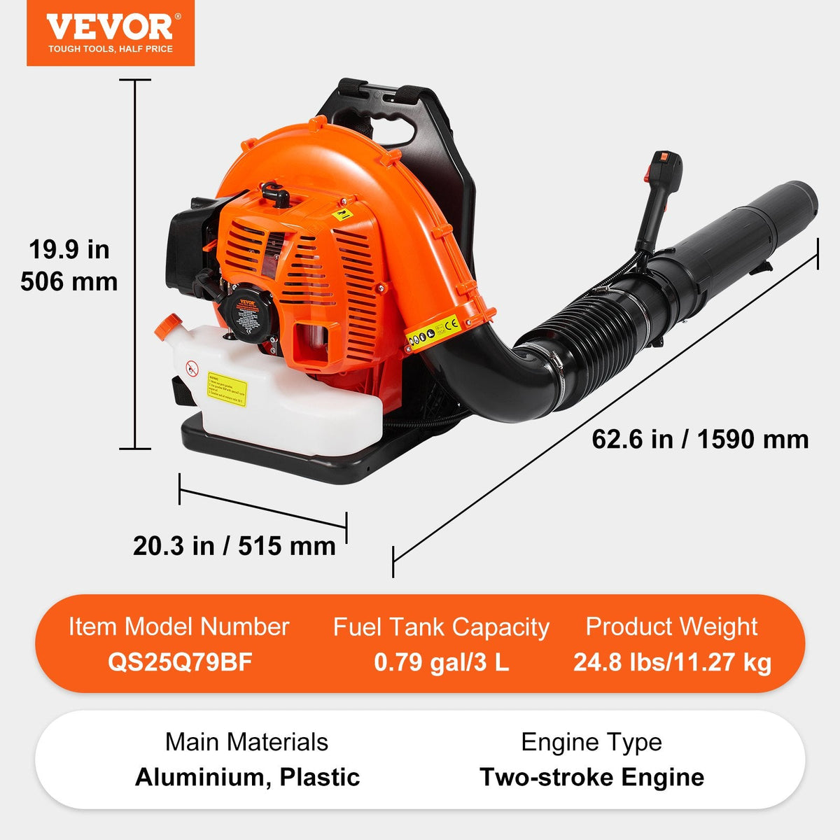 VEVOR mugursomas lapu pūtējs, 79 cm³ 2-taktu benzīna dzinējs, gaisa plūsma 26,3 m³/min, gaisa ātrums 296 km/h
