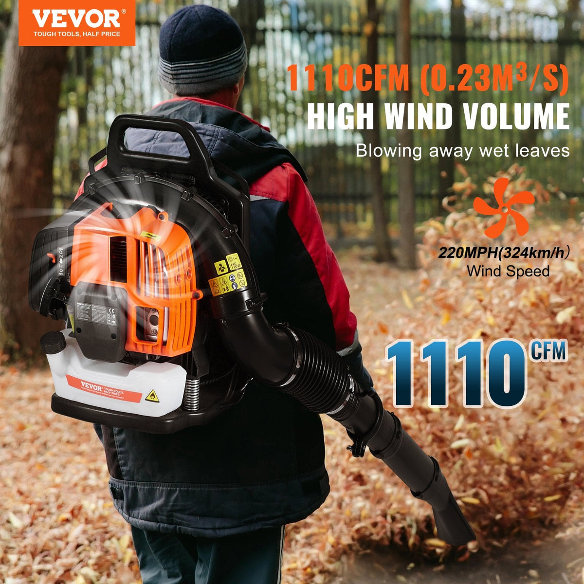 VEVOR mugursomas tipa lapu pūtējs ar 63 cm³ divtaktu benzīna dzinēju, 1,89 L degvielas tvertni, 1 890 m³/h gaisa plūsmu un 355 km/h pūšanas ātrumu zāliena kopšanai, lapu un sniega tīrīšanai