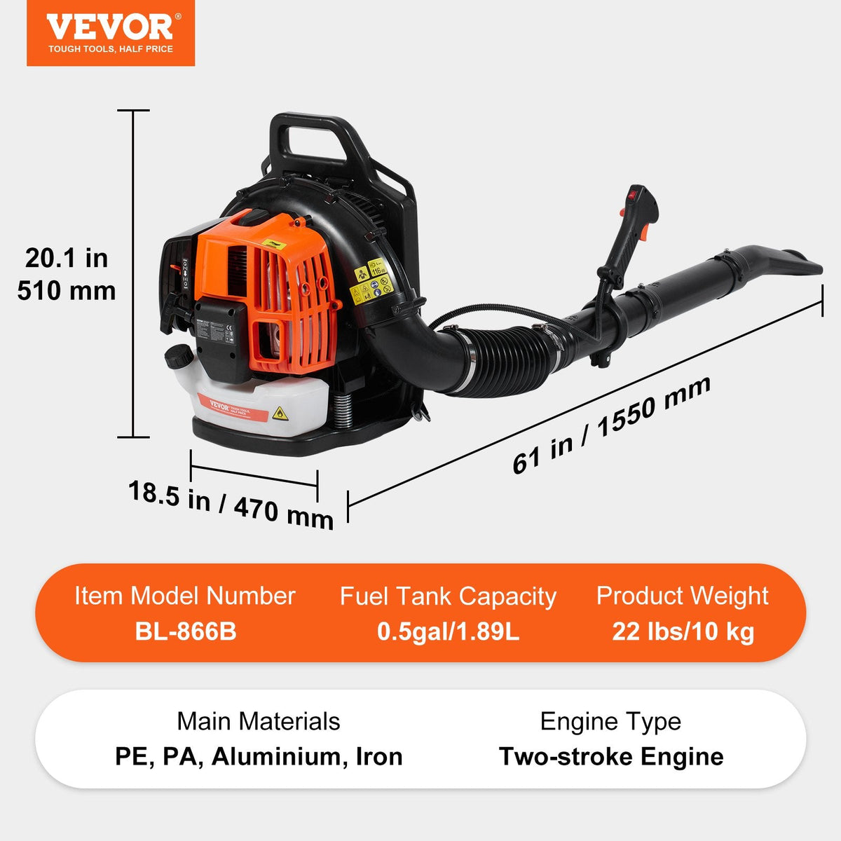 VEVOR mugursomas tipa lapu pūtējs ar 63 cm³ divtaktu benzīna dzinēju, 1,89 L degvielas tvertni, 1 890 m³/h gaisa plūsmu un 355 km/h pūšanas ātrumu zāliena kopšanai, lapu un sniega tīrīšanai