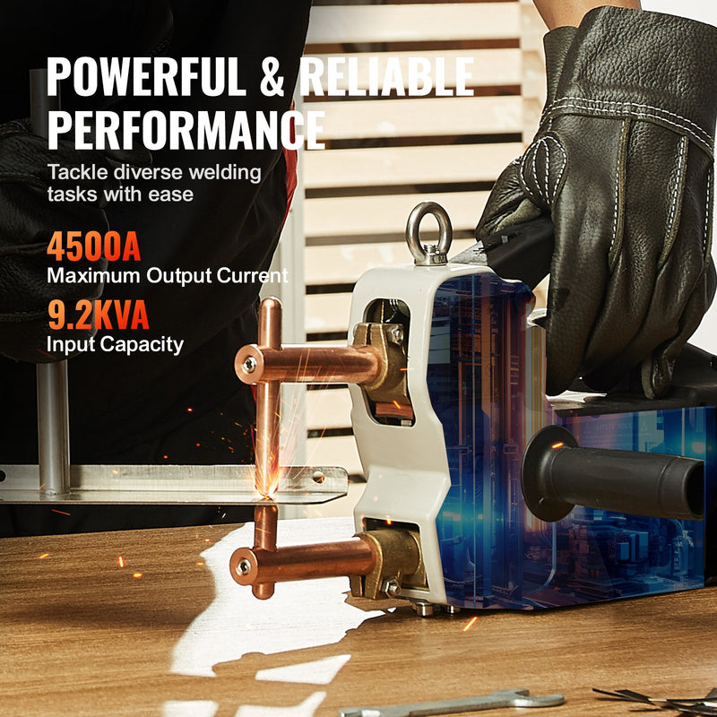 VEVOR pārnēsājamais punktmetināšanas aparāts, 9,2 kVA jauda, 4/25 collu metināšanas biezums, rokas metināšanas uzgalis lokšņu metālam – oglekļa tēraudam, nerūsējošajam tēraudam, alumīnija loksnēm
