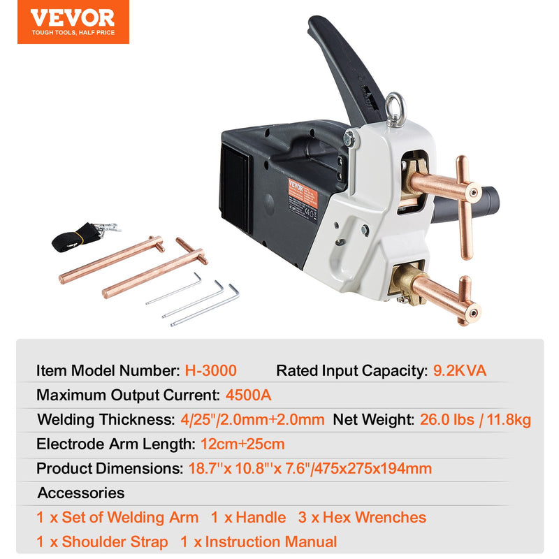 VEVOR pārnēsājamais punktmetināšanas aparāts, 9,2 kVA jauda, 4/25 collu metināšanas biezums, rokas metināšanas uzgalis lokšņu metālam – oglekļa tēraudam, nerūsējošajam tēraudam, alumīnija loksnēm