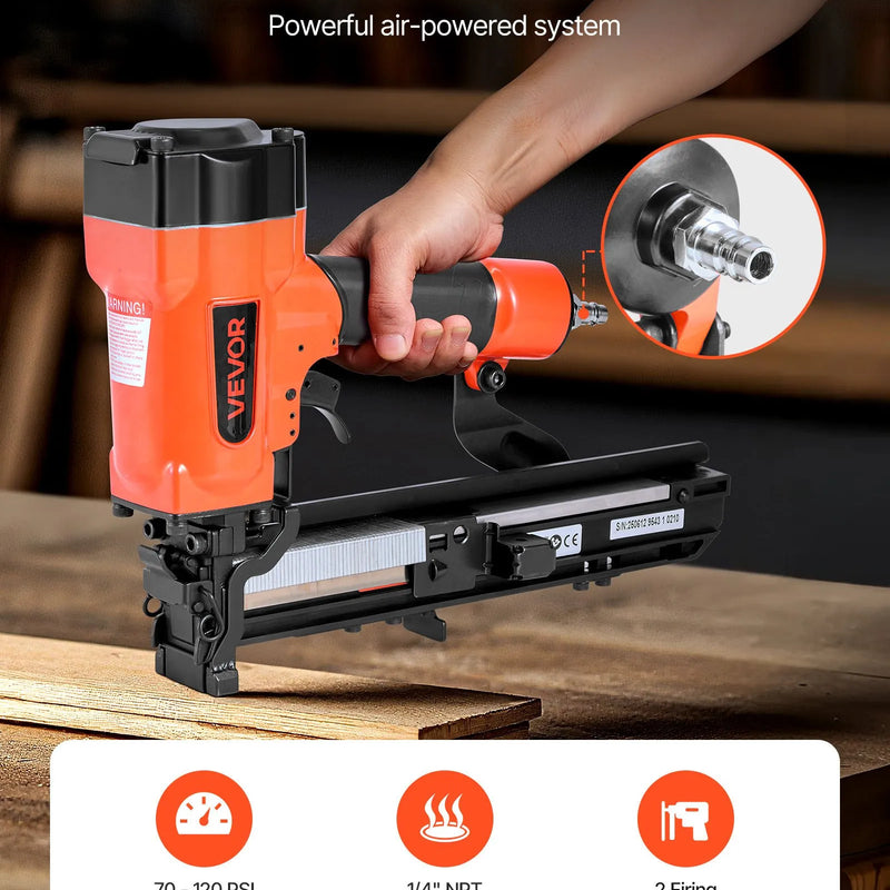 VEVOR pneimatiskā skavu pistole, 16 G (1,6 mm) skavas ar 26,4 mm platu galvu, garums 16–38 mm, darba spiediens 4,8–8,3 bar, divi šaušanas režīmi, piemērota jumtu klāšanai, sienu apšuvumam, žogiem un grīdu pamatnei