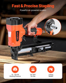 VEVOR pneimatiskā skavu pistole, 16 G (1,6 mm) skavas ar 26,4 mm platu galvu, garums 16–38 mm, darba spiediens 4,8–8,3 bar, divi šaušanas režīmi, piemērota jumtu klāšanai, sienu apšuvumam, žogiem un grīdu pamatnei