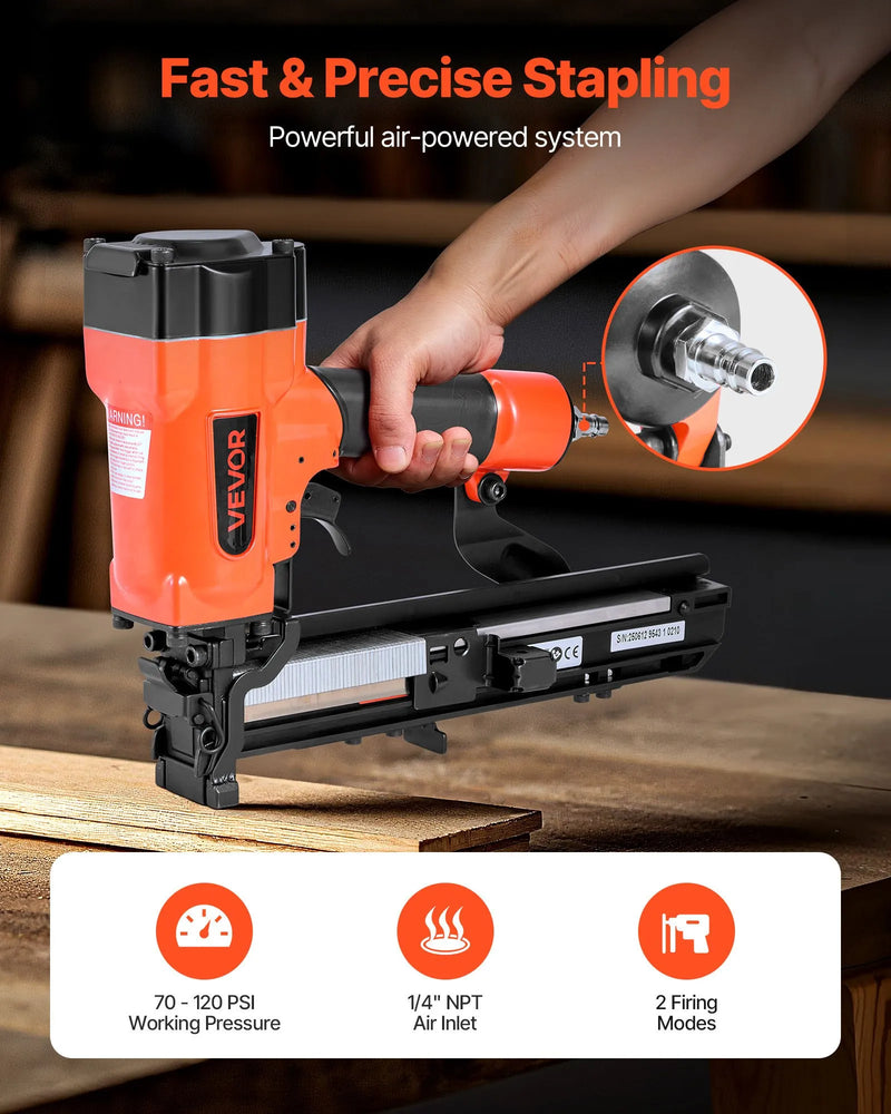 VEVOR pneimatiskā skavu pistole, 16 G (1,6 mm) skavas ar 26,4 mm platu galvu, garums 16–38 mm, darba spiediens 4,8–8,3 bar, divi šaušanas režīmi, piemērota jumtu klāšanai, sienu apšuvumam, žogiem un grīdu pamatnei