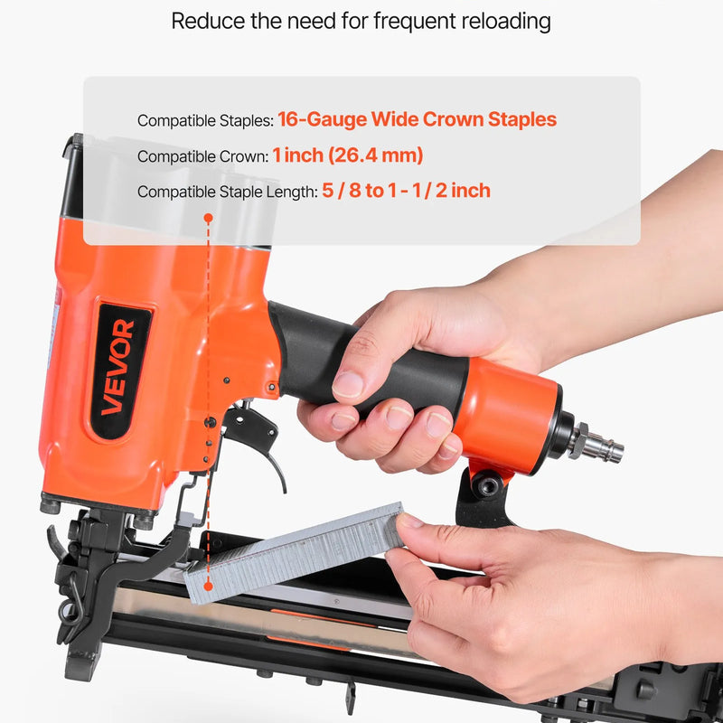 VEVOR pneimatiskā skavu pistole, 16 G (1,6 mm) skavas ar 26,4 mm platu galvu, garums 16–38 mm, darba spiediens 4,8–8,3 bar, divi šaušanas režīmi, piemērota jumtu klāšanai, sienu apšuvumam, žogiem un grīdu pamatnei