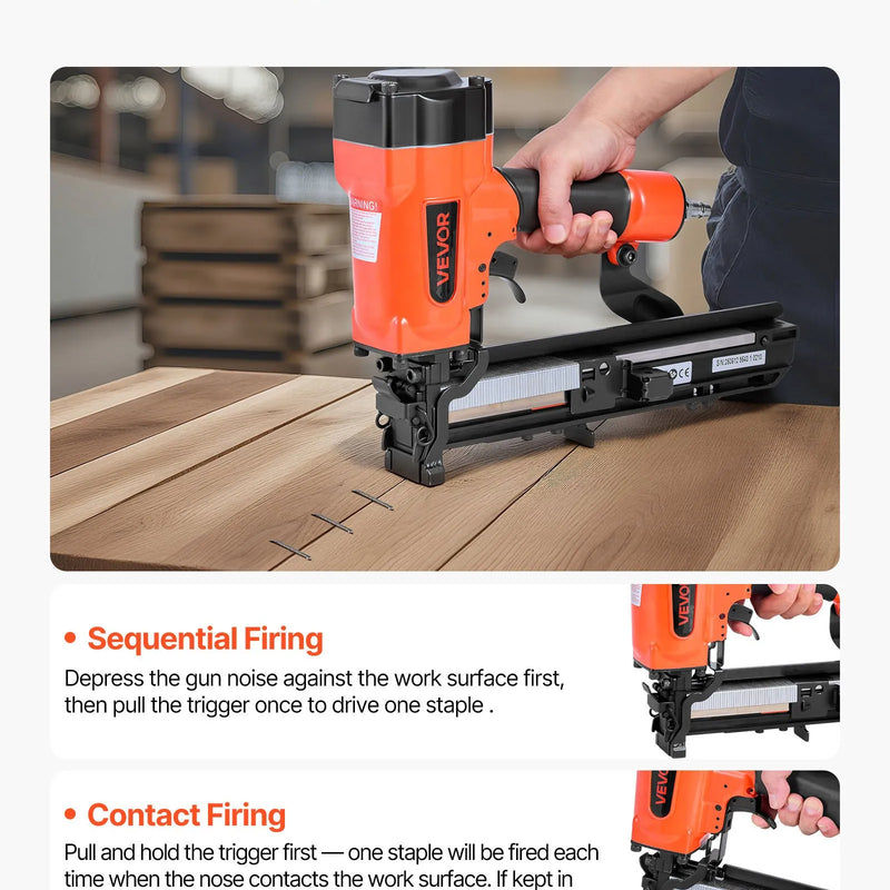 VEVOR pneimatiskā skavu pistole, 16 G (1,6 mm) skavas ar 26,4 mm platu galvu, garums 16–38 mm, darba spiediens 4,8–8,3 bar, divi šaušanas režīmi, piemērota jumtu klāšanai, sienu apšuvumam, žogiem un grīdu pamatnei