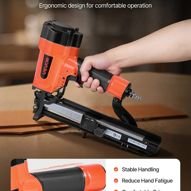 VEVOR pneimatiskā skavu pistole, 16 G (1,6 mm) skavas ar 26,4 mm platu galvu, garums 16–38 mm, darba spiediens 4,8–8,3 bar, divi šaušanas režīmi, piemērota jumtu klāšanai, sienu apšuvumam, žogiem un grīdu pamatnei