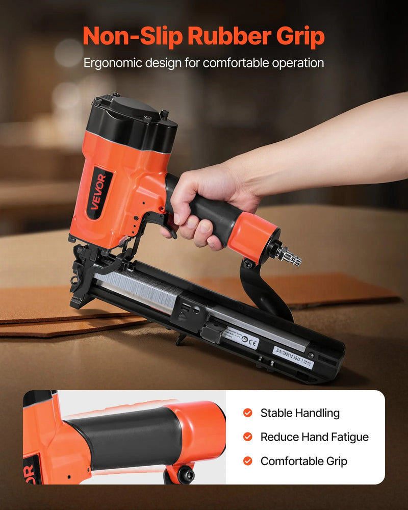VEVOR pneimatiskā skavu pistole, 16 G (1,6 mm) skavas ar 26,4 mm platu galvu, garums 16–38 mm, darba spiediens 4,8–8,3 bar, divi šaušanas režīmi, piemērota jumtu klāšanai, sienu apšuvumam, žogiem un grīdu pamatnei