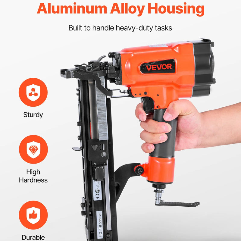 VEVOR pneimatiskā skavu pistole, 16 G (1,6 mm) skavas ar 26,4 mm platu galvu, garums 16–38 mm, darba spiediens 4,8–8,3 bar, divi šaušanas režīmi, piemērota jumtu klāšanai, sienu apšuvumam, žogiem un grīdu pamatnei