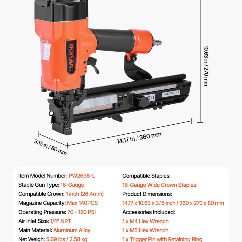 VEVOR pneimatiskā skavu pistole, 16 G (1,6 mm) skavas ar 26,4 mm platu galvu, garums 16–38 mm, darba spiediens 4,8–8,3 bar, divi šaušanas režīmi, piemērota jumtu klāšanai, sienu apšuvumam, žogiem un grīdu pamatnei