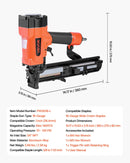 VEVOR pneimatiskā skavu pistole, 16 G (1,6 mm) skavas ar 26,4 mm platu galvu, garums 16–38 mm, darba spiediens 4,8–8,3 bar, divi šaušanas režīmi, piemērota jumtu klāšanai, sienu apšuvumam, žogiem un grīdu pamatnei