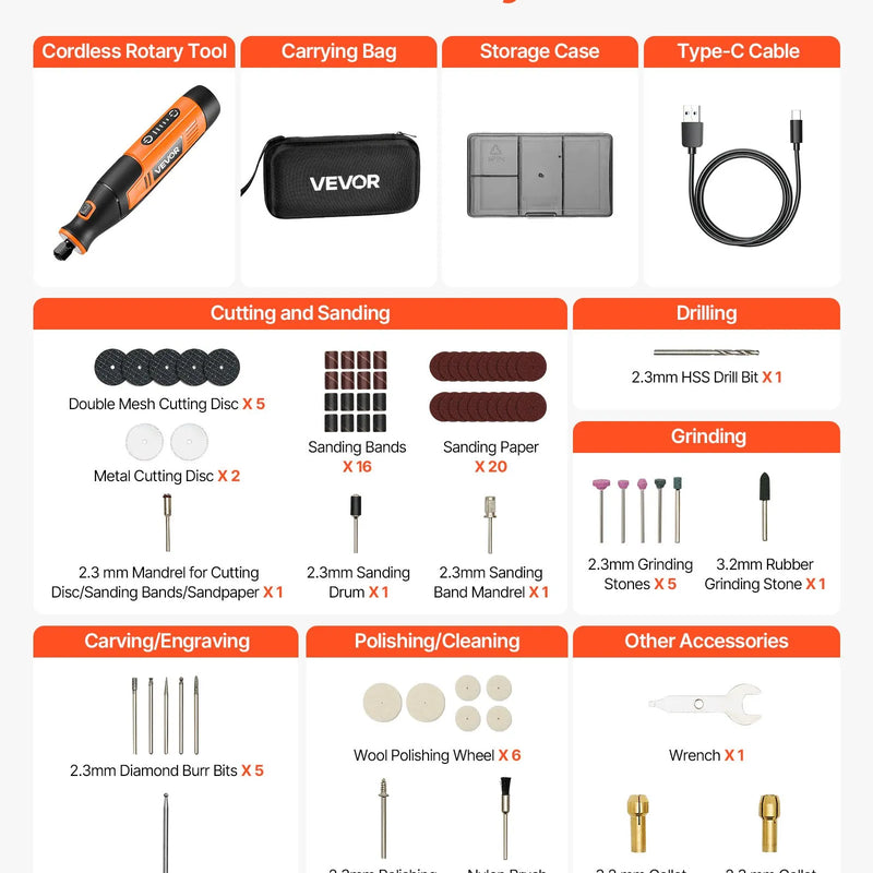 VEVOR 73 daļu bezvadu DC 4 V mini rotācijas instruments ar 5 ātrumiem (7000–20000 apgr./min.) gravēšanai, slīpēšanai, pulēšanai, grebšanai, griešanai un rokdarbiem