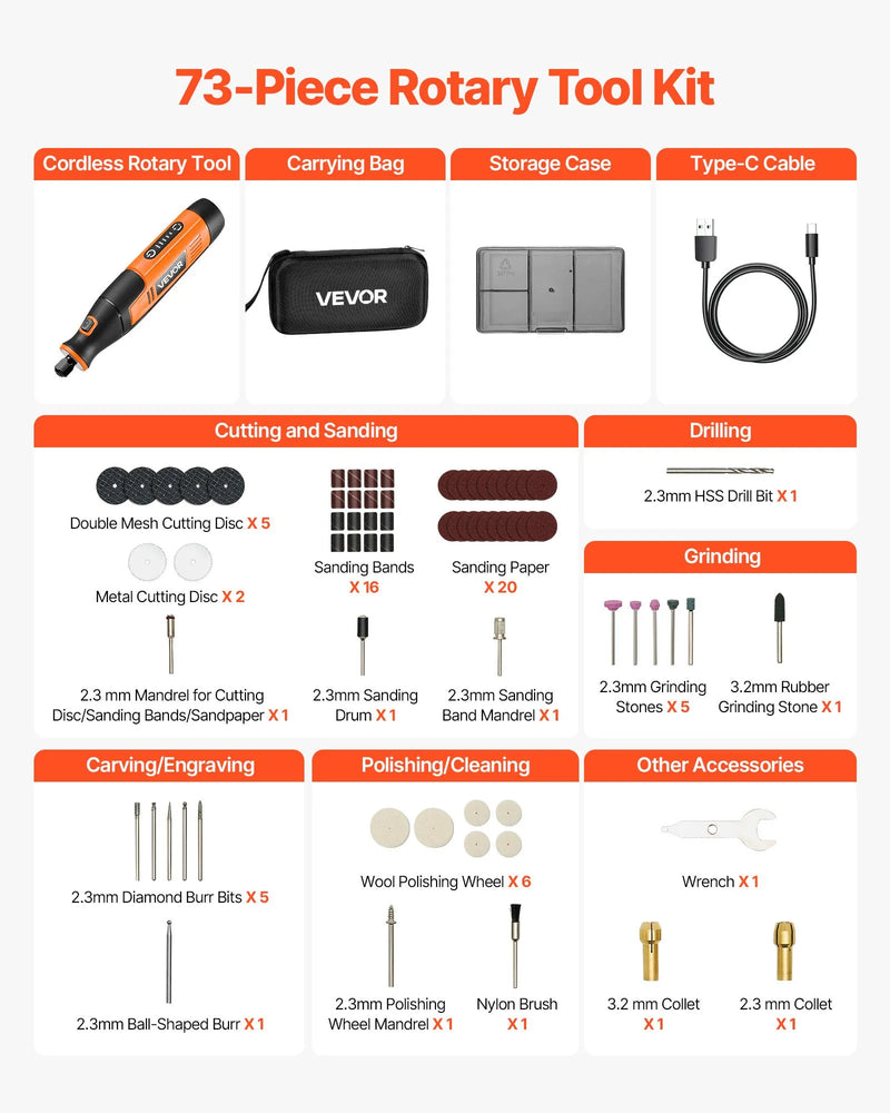 VEVOR 73 daļu bezvadu DC 4 V mini rotācijas instruments ar 5 ātrumiem (7000–20000 apgr./min.) gravēšanai, slīpēšanai, pulēšanai, grebšanai, griešanai un rokdarbiem
