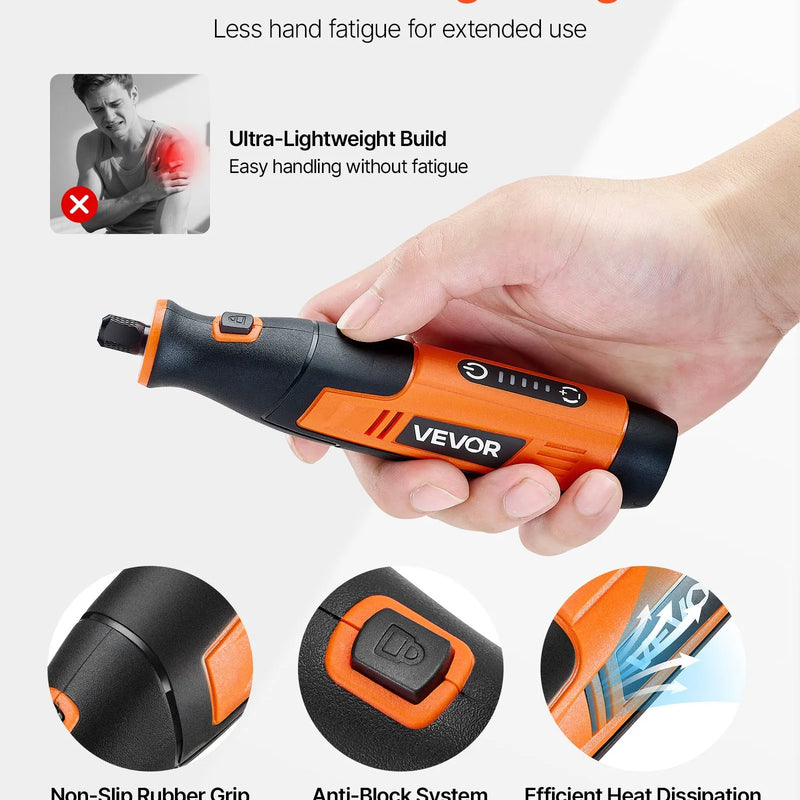 VEVOR 73 daļu bezvadu DC 4 V mini rotācijas instruments ar 5 ātrumiem (7000–20000 apgr./min.) gravēšanai, slīpēšanai, pulēšanai, grebšanai, griešanai un rokdarbiem