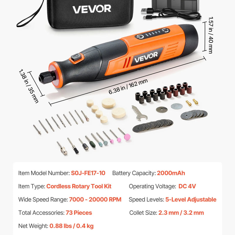 VEVOR 73 daļu bezvadu DC 4 V mini rotācijas instruments ar 5 ātrumiem (7000–20000 apgr./min.) gravēšanai, slīpēšanai, pulēšanai, grebšanai, griešanai un rokdarbiem