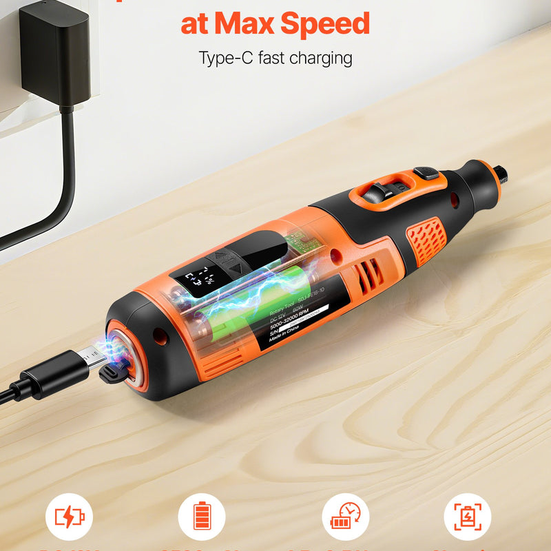 VEVOR 119 daļu bezvadu DC 12 V mini rotācijas instruments ar 28 ātrumiem (5000–32000 apgr./min.) gravēšanai, slīpēšanai, pulēšanai, grebšanai, griešanai un rokdarbiem
