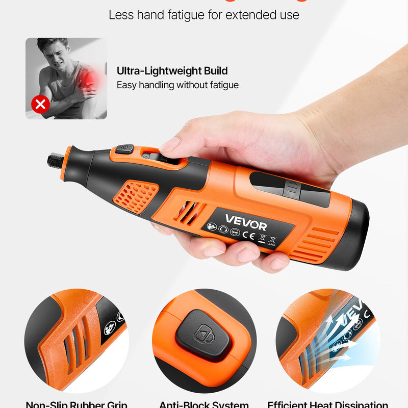 VEVOR 119 daļu bezvadu DC 12 V mini rotācijas instruments ar 28 ātrumiem (5000–32000 apgr./min.) gravēšanai, slīpēšanai, pulēšanai, grebšanai, griešanai un rokdarbiem