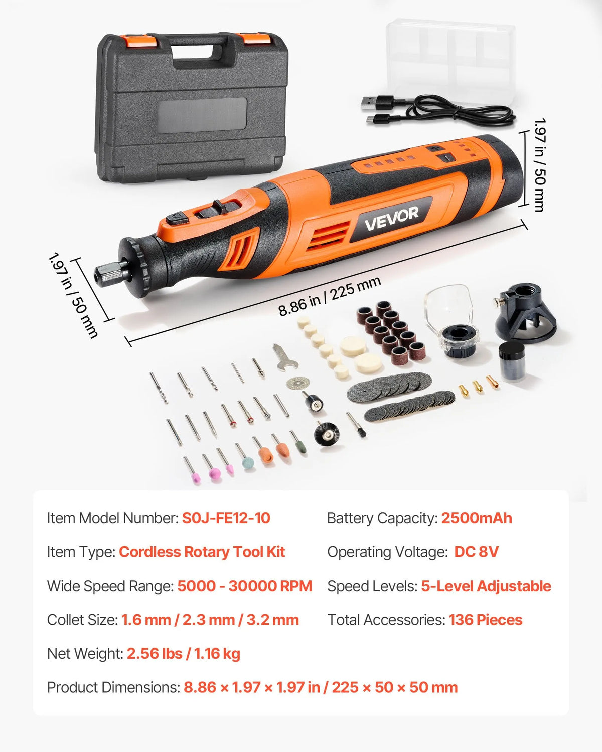 VEVOR 136 daļu bezvadu DC 8 V mini rotācijas instruments ar 5 ātrumiem (5000–30000 apgr./min.) gravēšanai, slīpēšanai, pulēšanai, grebšanai, asināšanai, griešanai un rokdarbiem