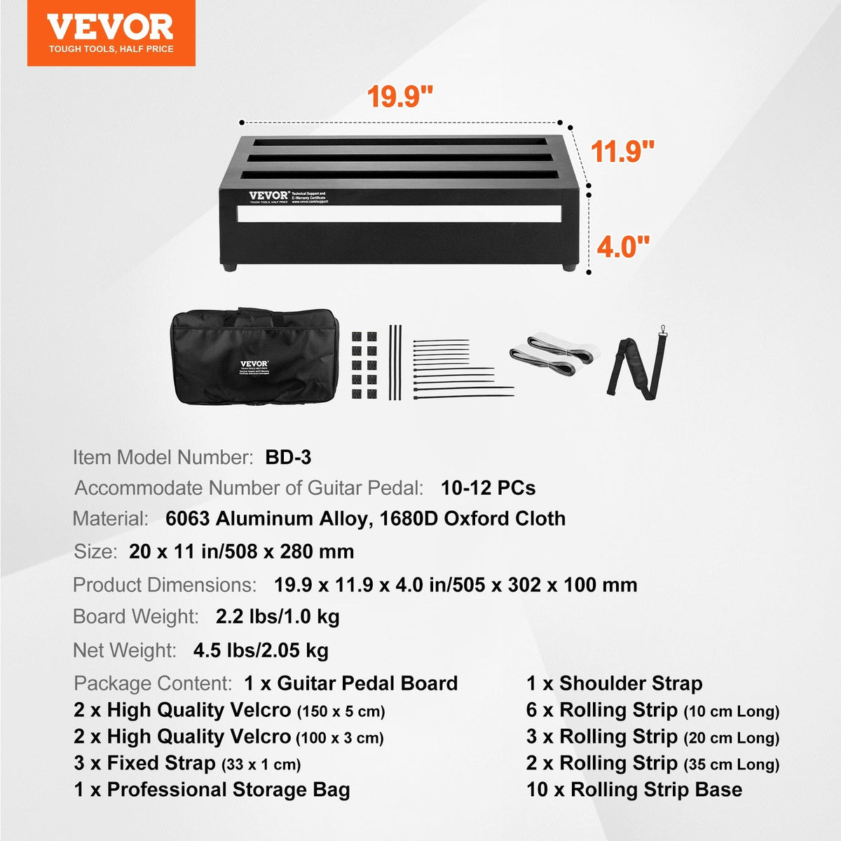VEVOR ģitāras pedāļu dēlis, 50,8 × 27,9 cm, alumīnija sakausējums, 1 kg, ar somu, siksnām un stiprinājumiem, paredzēts 10–12 pedāļiem