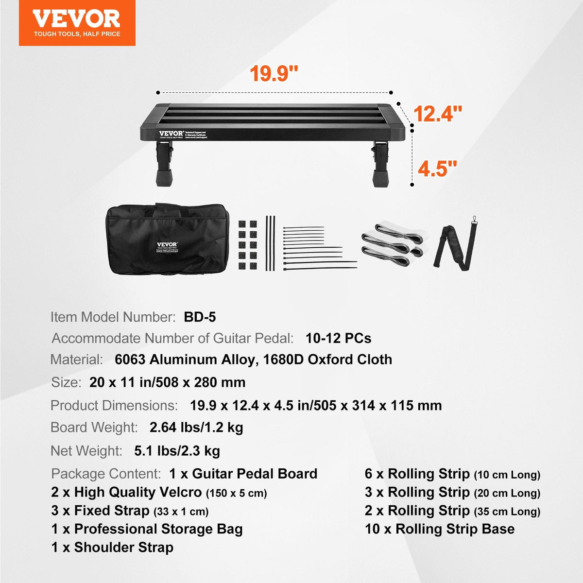 VEVOR saliekams ģitāras pedāļu dēlis, 50,8 × 27,9 cm, alumīnija sakausējums, 1,2 kg, ar somu, siksnām un Velcro, paredzēts 10–12 pedāļiem