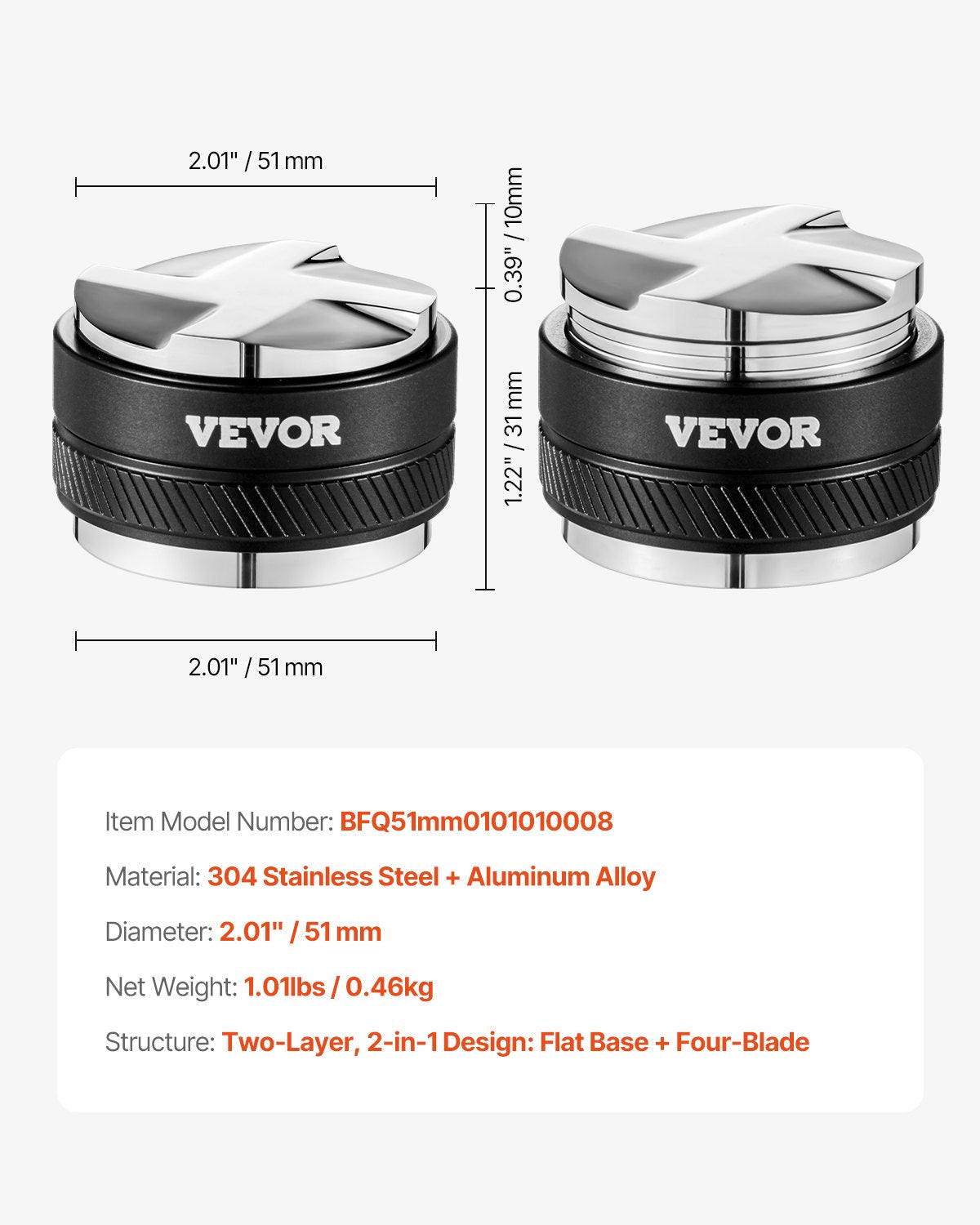VEVOR 51 mm kafijas sadalītājs, 2-in-1 regulējams espresso sadalītājs mājām