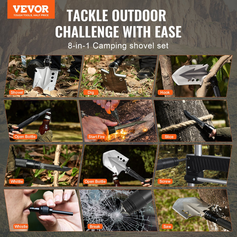 8-in-1  Kempinga Saliekmo Izdzīvošanas Instrumentu Komplekts: lāpsta, nazis, kompass, svilpe, stikla izsistējs, uguns iekurinātājs u.c.