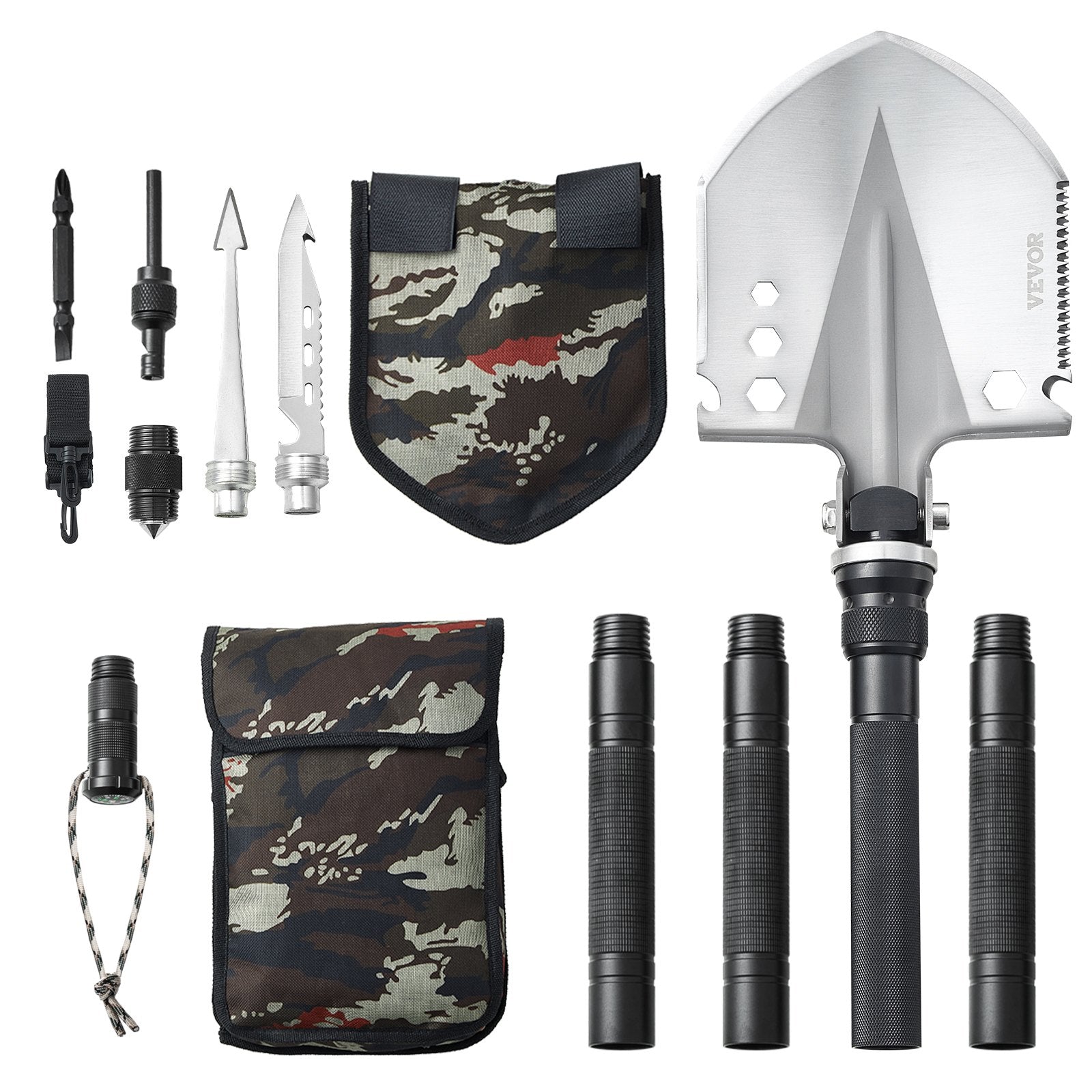 VEVOR 13-in-1 Camping Folding Survival Tool Set: shovel, knife, compass, whistle, glass breaker, fire starter, etc.