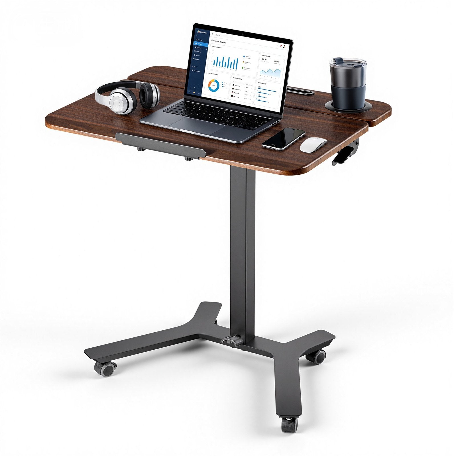 VEVOR mobilais stāvgalds ar regulējamu augstumu un noliecamu 71,5 × 52,5 cm virsmu, pneimatisku kājas pedāli un 15 kg kravnesību