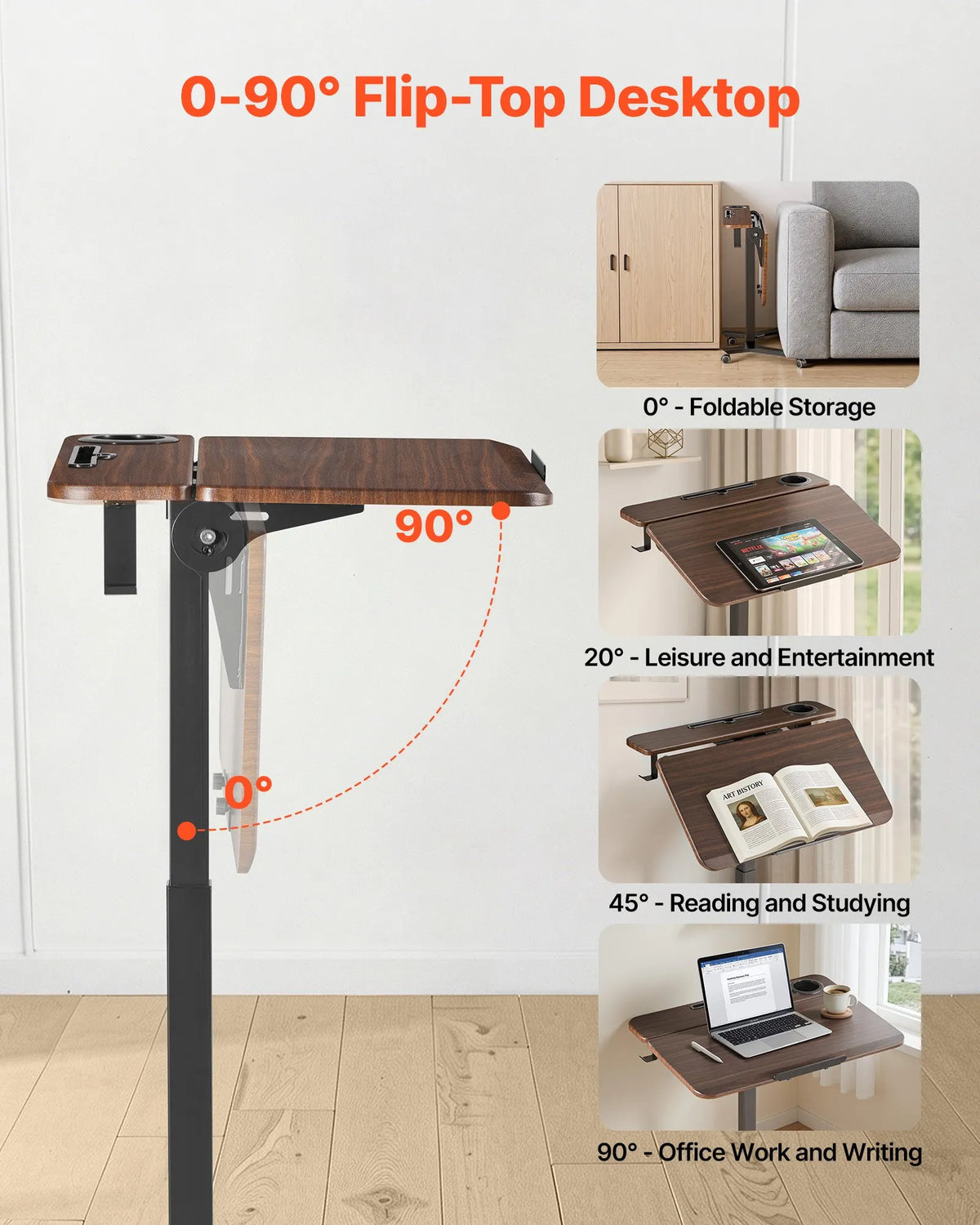 VEVOR mobilais stāvgalds ar regulējamu augstumu un noliecamu 71,5 × 52,5 cm virsmu, pneimatisku kājas pedāli un 15 kg kravnesību