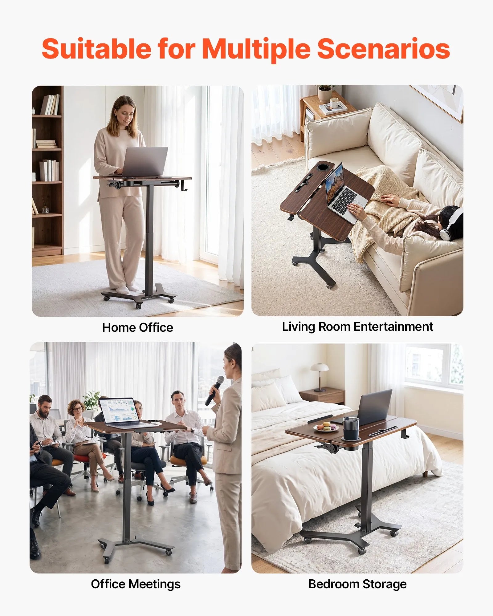 VEVOR mobilais stāvgalds ar regulējamu augstumu un noliecamu 71,5 × 52,5 cm virsmu, pneimatisku kājas pedāli un 15 kg kravnesību