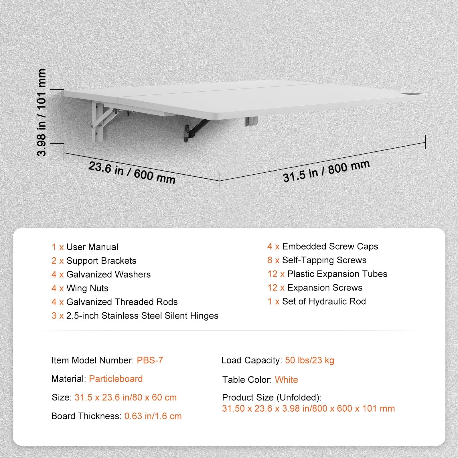 VEVOR pie sienas stiprināms nolokāms galds, 800 × 600 mm, portatīvajam datoram, mājas birojam