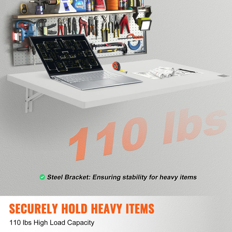 Seinale paigaldatav kokkupandav laud, ujuv disain, 1000 x 500 mm, kodukontorile/lauaarvuti jaoks