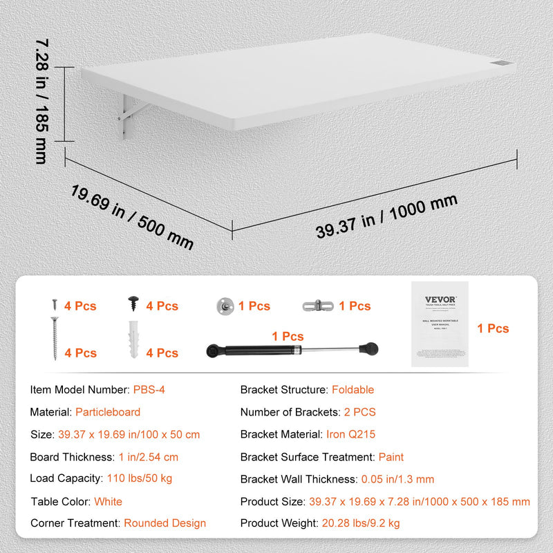 Seinale paigaldatav kokkupandav laud, ujuv disain, 1000 x 500 mm, kodukontorile/lauaarvuti jaoks