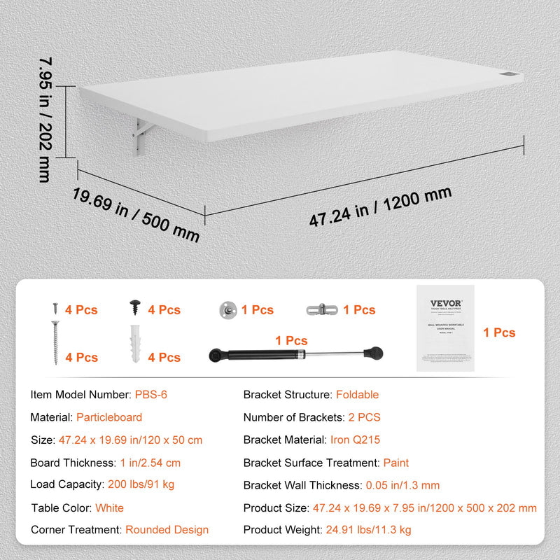 VEVOR pie sienas stiprināms nolokāmais galds, 1200 × 500 mm, portatīvajam datoram, mājas birojam