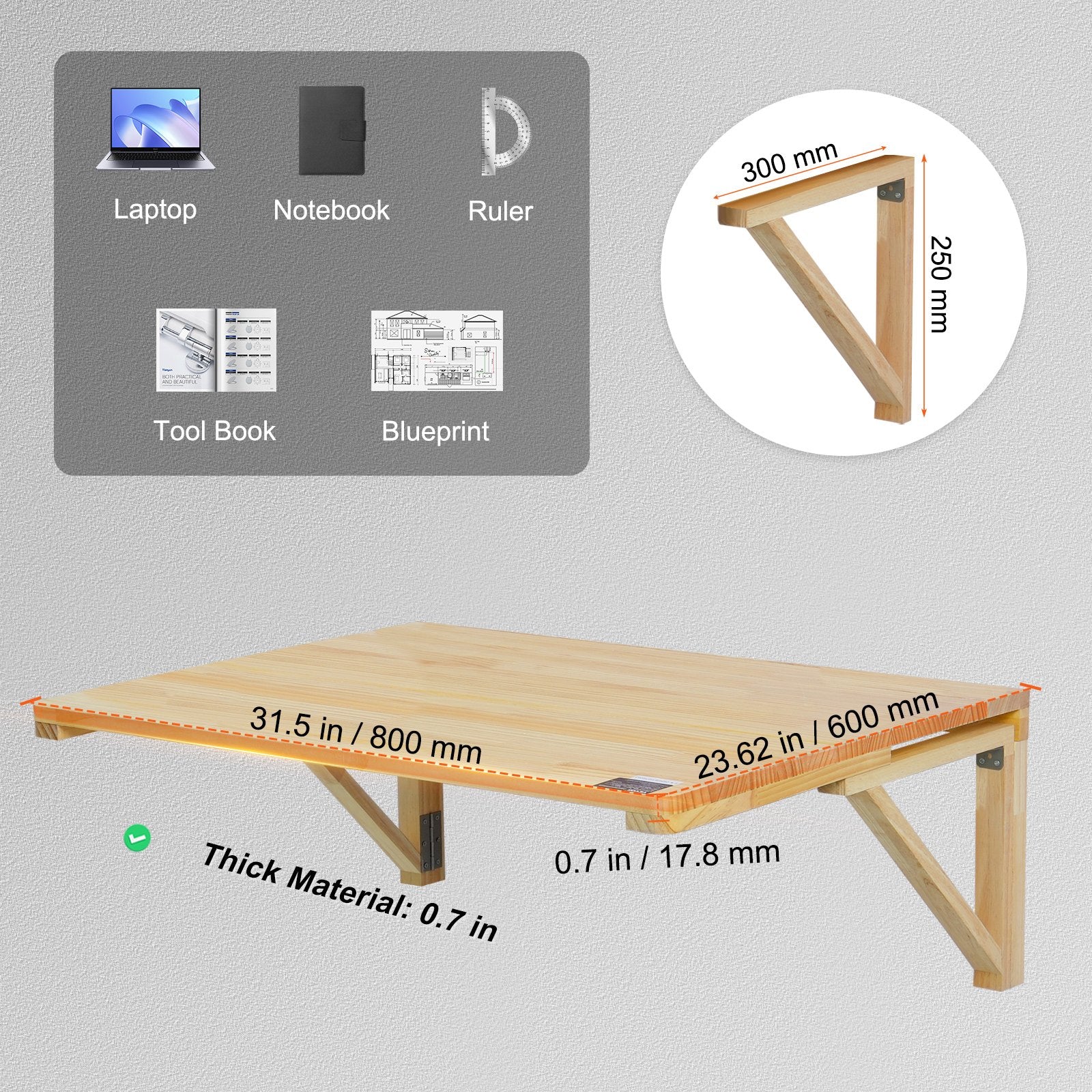 VEVOR pie sienas stiprināms nolokāmais galds, 800 × 600 mm, portatīvajam datoram, mājas birojam