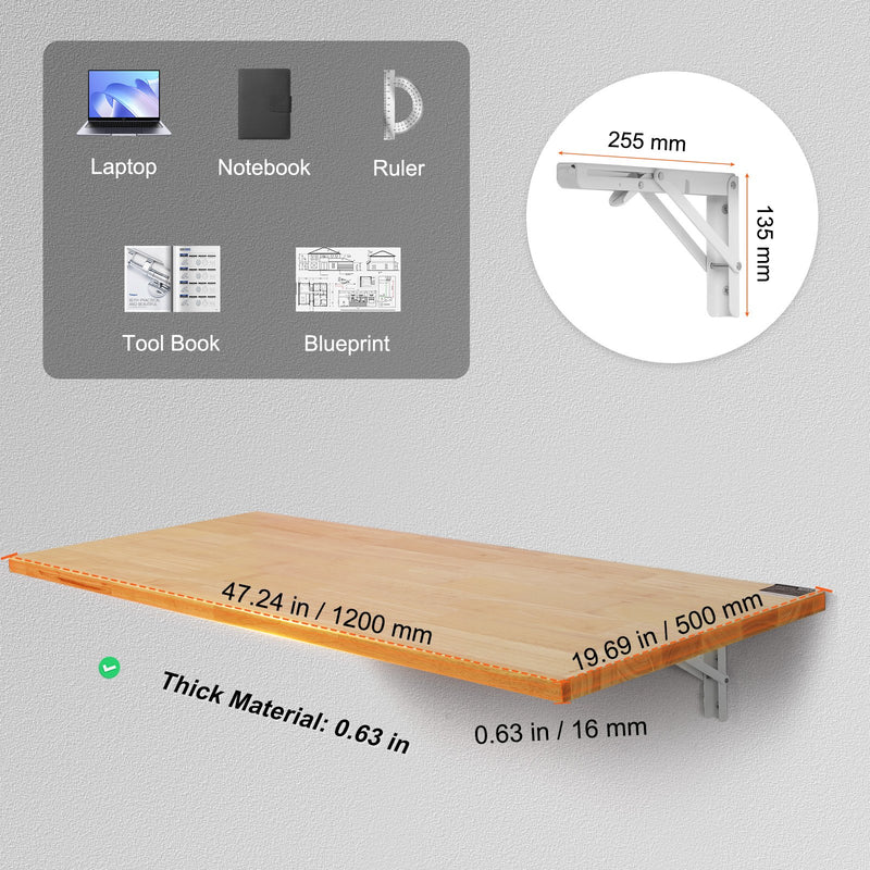 Wall mount folding table, floating, portable work table, 120 x 50 cm