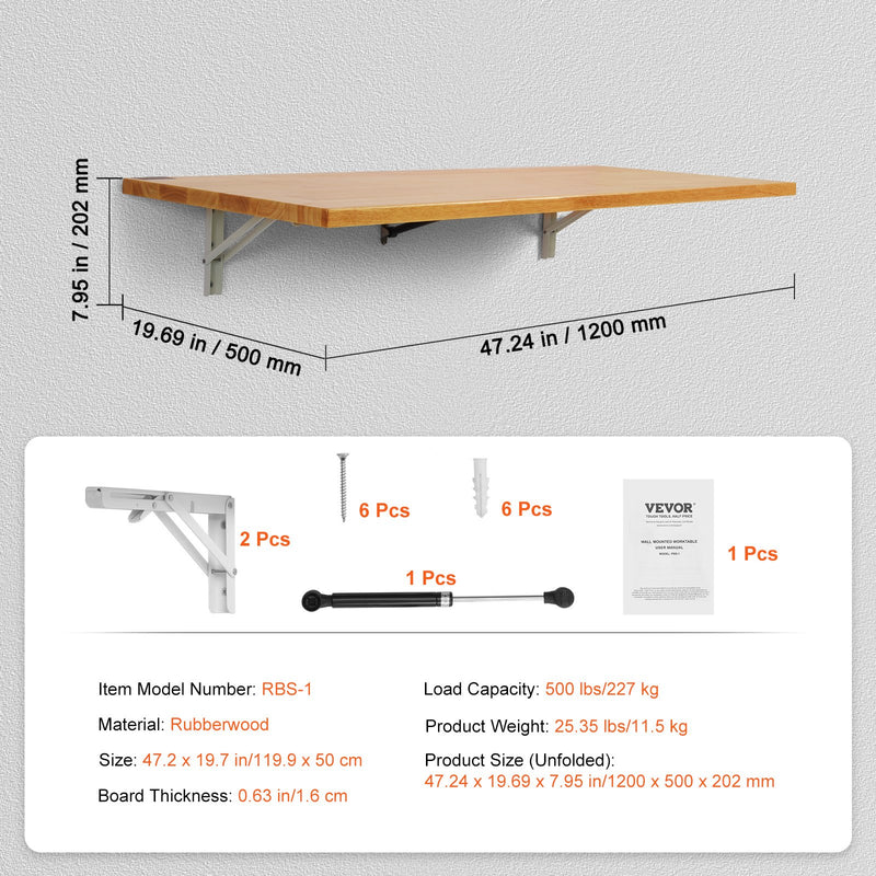 Wall mount folding table, floating, portable work table, 120 x 50 cm