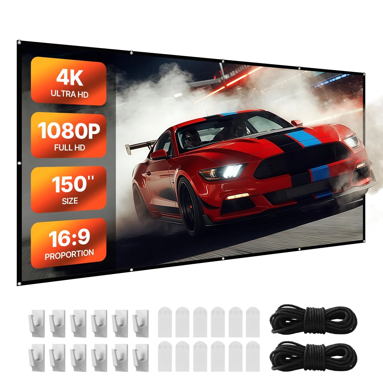VEVOR 381 cm 16:9 4K 1080 HD sienas stiprināma projekcijas ekrāns ar 12 āķiem un abpusējām līmlentēm, pārnēsājams audekla ekrāns mājas kinozālei, birojam vai ģimenes lietošanai
