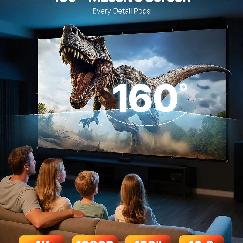 VEVOR 381 cm 16:9 4K 1080 HD sienas stiprināma projekcijas ekrāns ar 12 āķiem un abpusējām līmlentēm, pārnēsājams audekla ekrāns mājas kinozālei, birojam vai ģimenes lietošanai