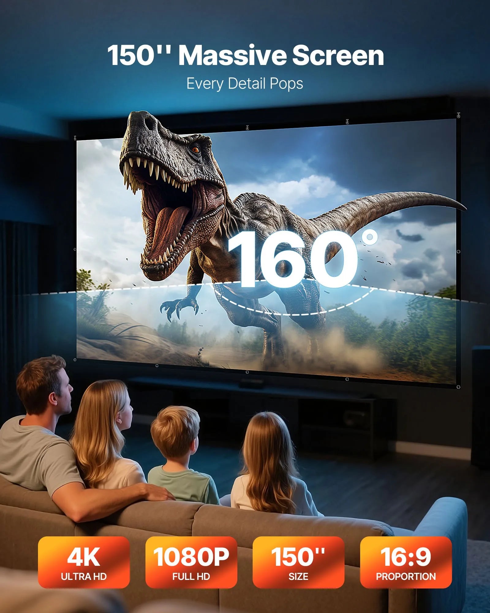 VEVOR 381 cm 16:9 4K 1080 HD sienas stiprināma projekcijas ekrāns ar 12 āķiem un abpusējām līmlentēm, pārnēsājams audekla ekrāns mājas kinozālei, birojam vai ģimenes lietošanai