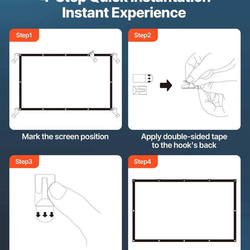 VEVOR 381 cm 16:9 4K 1080 HD sienas stiprināma projekcijas ekrāns ar 12 āķiem un abpusējām līmlentēm, pārnēsājams audekla ekrāns mājas kinozālei, birojam vai ģimenes lietošanai