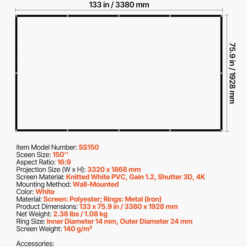 VEVOR 381 cm 16:9 4K 1080 HD sienas stiprināma projekcijas ekrāns ar 12 āķiem un abpusējām līmlentēm, pārnēsājams audekla ekrāns mājas kinozālei, birojam vai ģimenes lietošanai