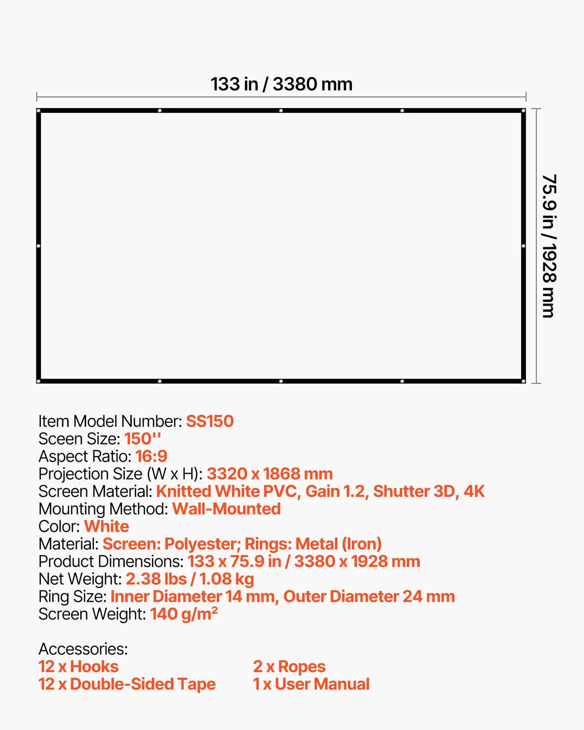VEVOR 381 cm 16:9 4K 1080 HD sienas stiprināma projekcijas ekrāns ar 12 āķiem un abpusējām līmlentēm, pārnēsājams audekla ekrāns mājas kinozālei, birojam vai ģimenes lietošanai